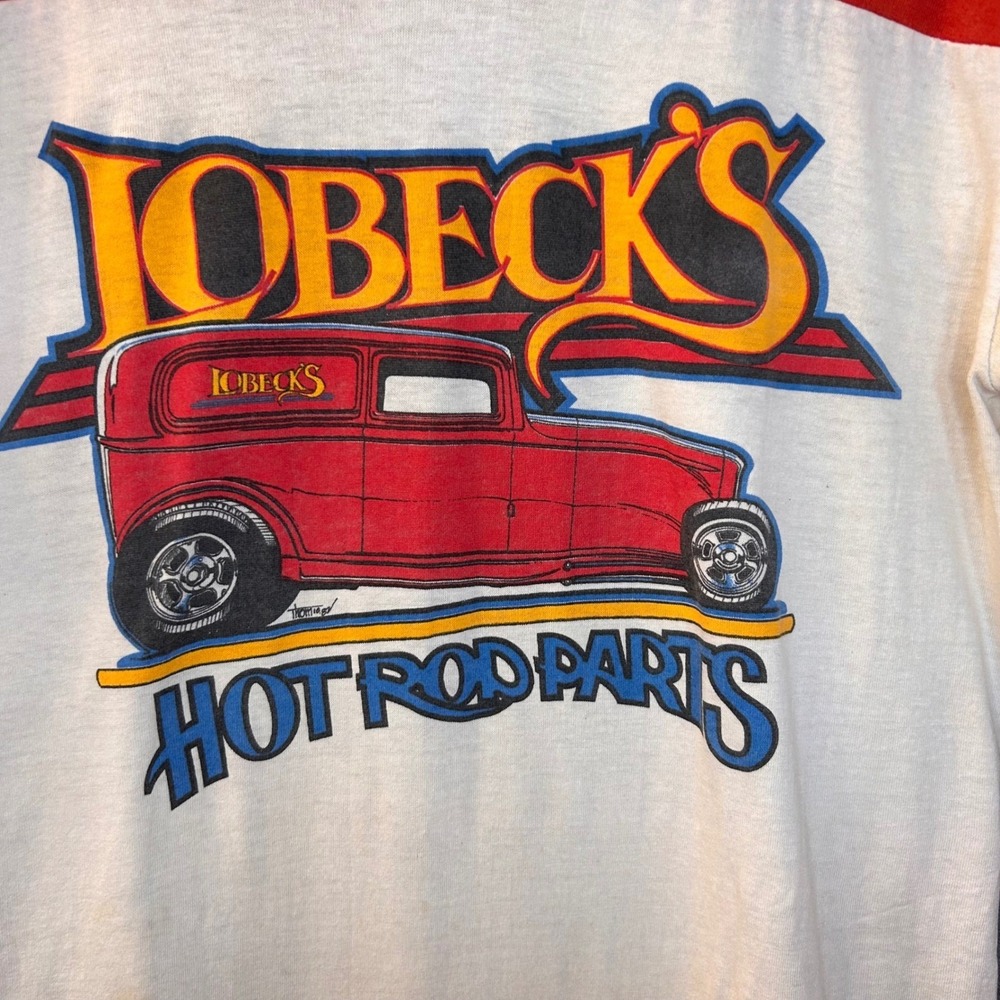 VTG 80s Lobeck's Hot Rod Parts Mens S (Lg Tag) V-Neck Football T-Shirt USA - Picture 2 of 16